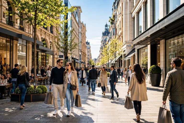 Internationale Einzelhandelsmarken in einer deutschen 1A-Lage – belebte Einkaufsstraße mit Flagship-Stores