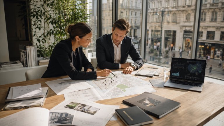 Expansionsstrategie im Einzelhandel: Standortanalyse mit Stadtkarte und Marktdaten im Büro über einer Einkaufsstraße