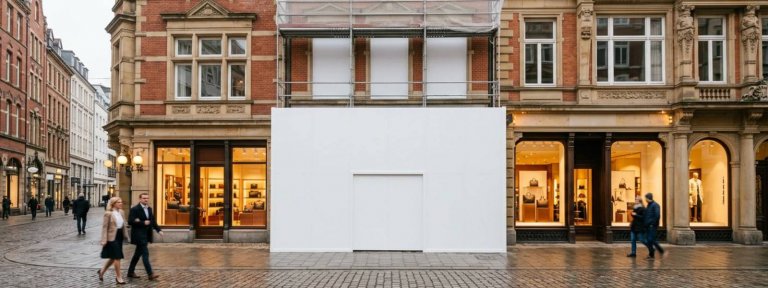 Verhüllte Ladenfläche im Ausbau zwischen zwei geöffneten Boutiquen in einer 1A-Einkaufsstraße