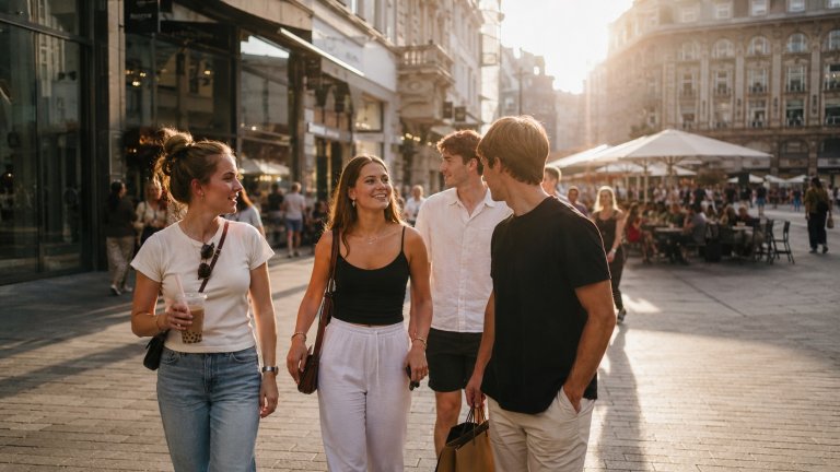 Junge Menschen in einer belebten Fußgängerzone – Gen Z Innenstadt: Konsum- und Freizeitverhalten der jungen Generation