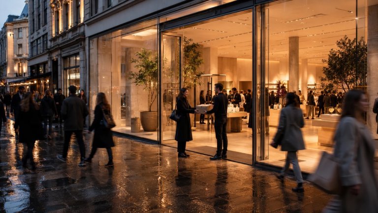 Store als strategisches Asset: Click-&-Collect-Übergabe in einem beleuchteten Flagship-Store an einer belebten Einkaufsstraße am Abend