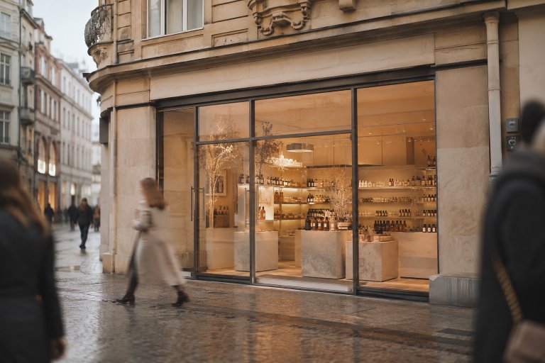 Beauty-Boutique mit breiter Schaufensterfront in einer deutschen Einkaufsstraße
