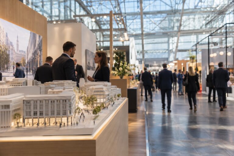Messestand auf der Expo Real in München mit Architekturmodell einer Einkaufsstraße und Gespräch zwischen Immobilienexperten