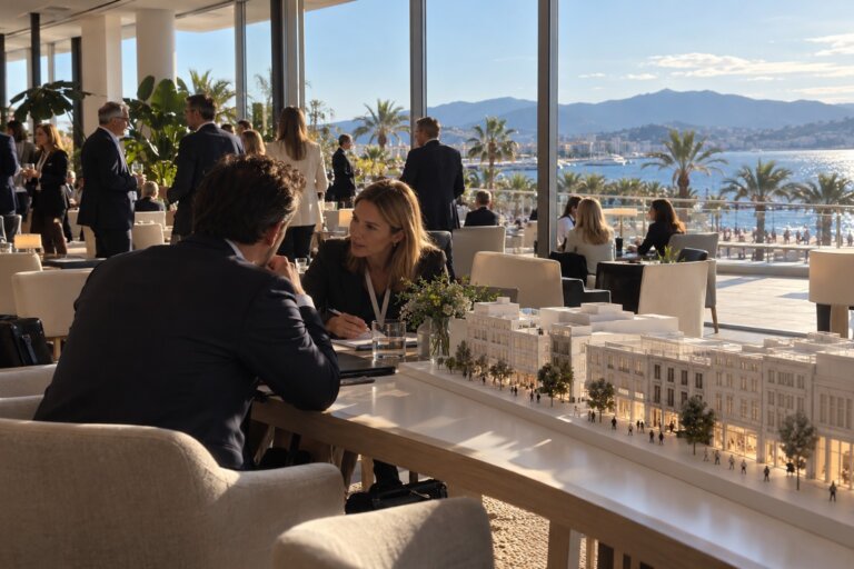 Networking-Lounge der MAPIC 2026 in Cannes mit Blick auf die Croisette und Architekturmodell einer Einkaufsstraße
